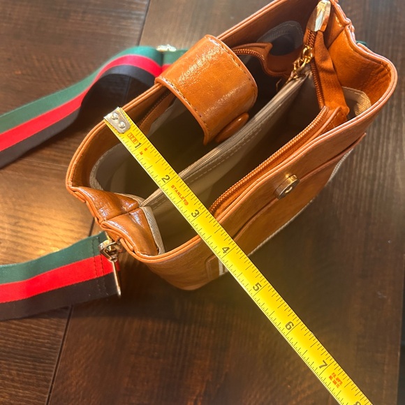 Petite Brown Leather Crossbody Bag with Striped Strap - Picture 7 of 7